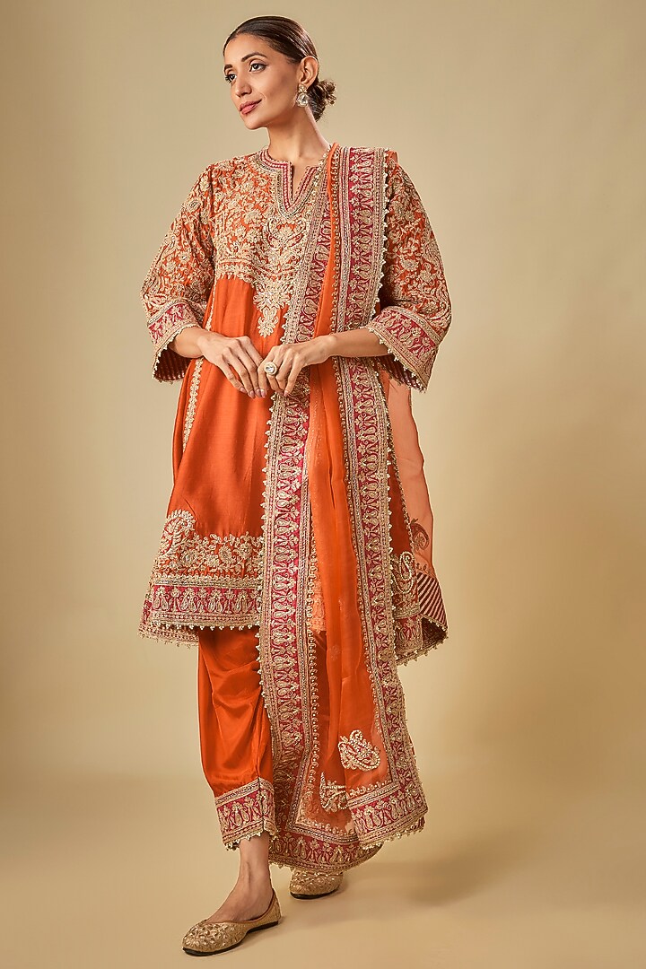 Orange Silk Chanderi Zardosi Embroidered Choga Kurta Set by Sheetal Batra at Pernia's Pop Up Shop