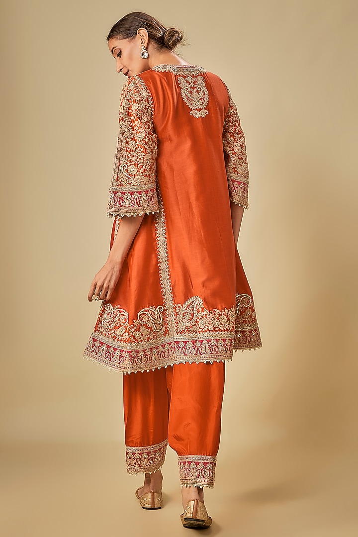 Orange Silk Chanderi Zardosi Embroidered Choga Kurta Set by Sheetal Batra at Pernia's Pop Up Shop