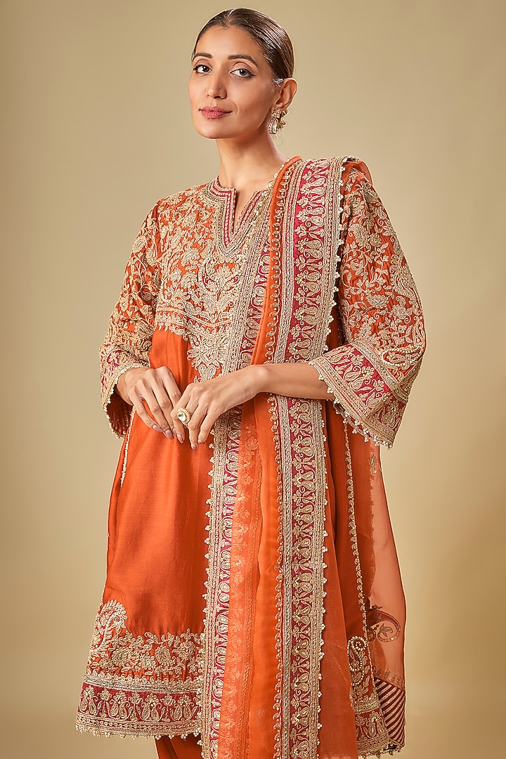 Orange Silk Chanderi Zardosi Embroidered Choga Kurta Set by Sheetal Batra at Pernia's Pop Up Shop