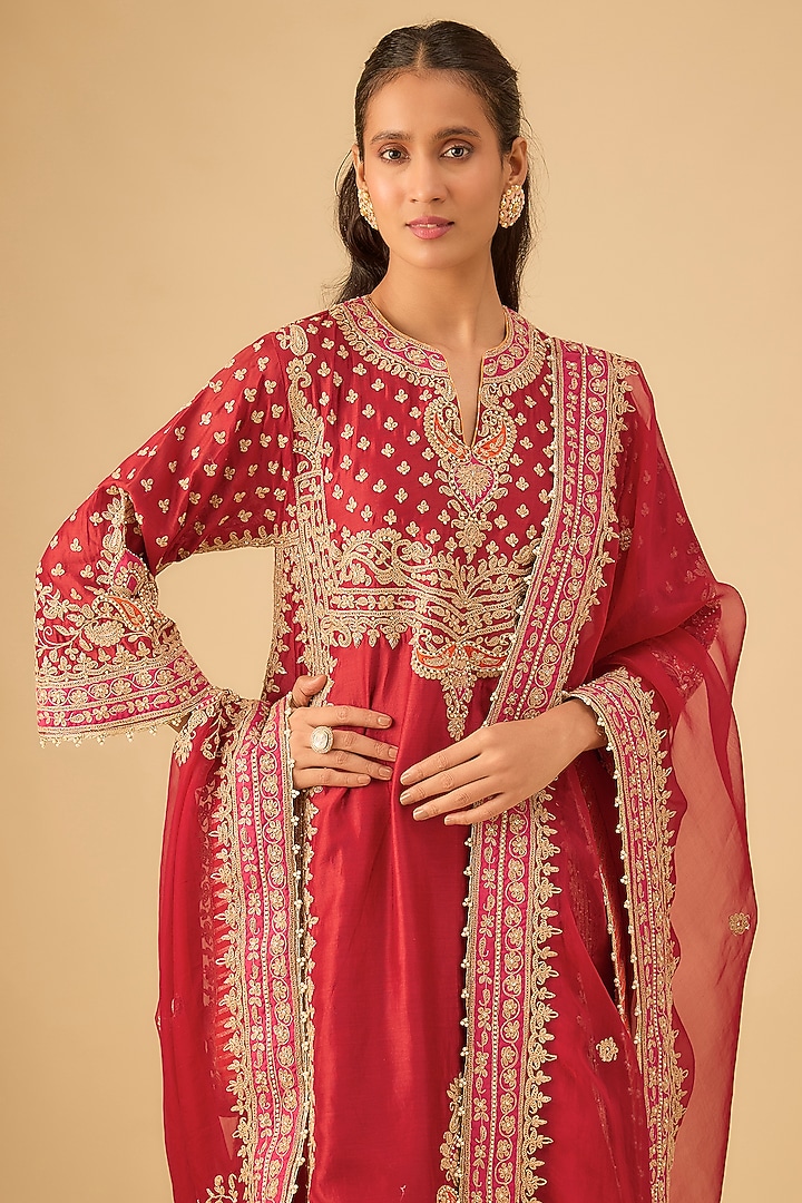 Red Silk Chanderi Kiran Dori Embroidered Choga Kurta Set by Sheetal Batra at Pernia's Pop Up Shop