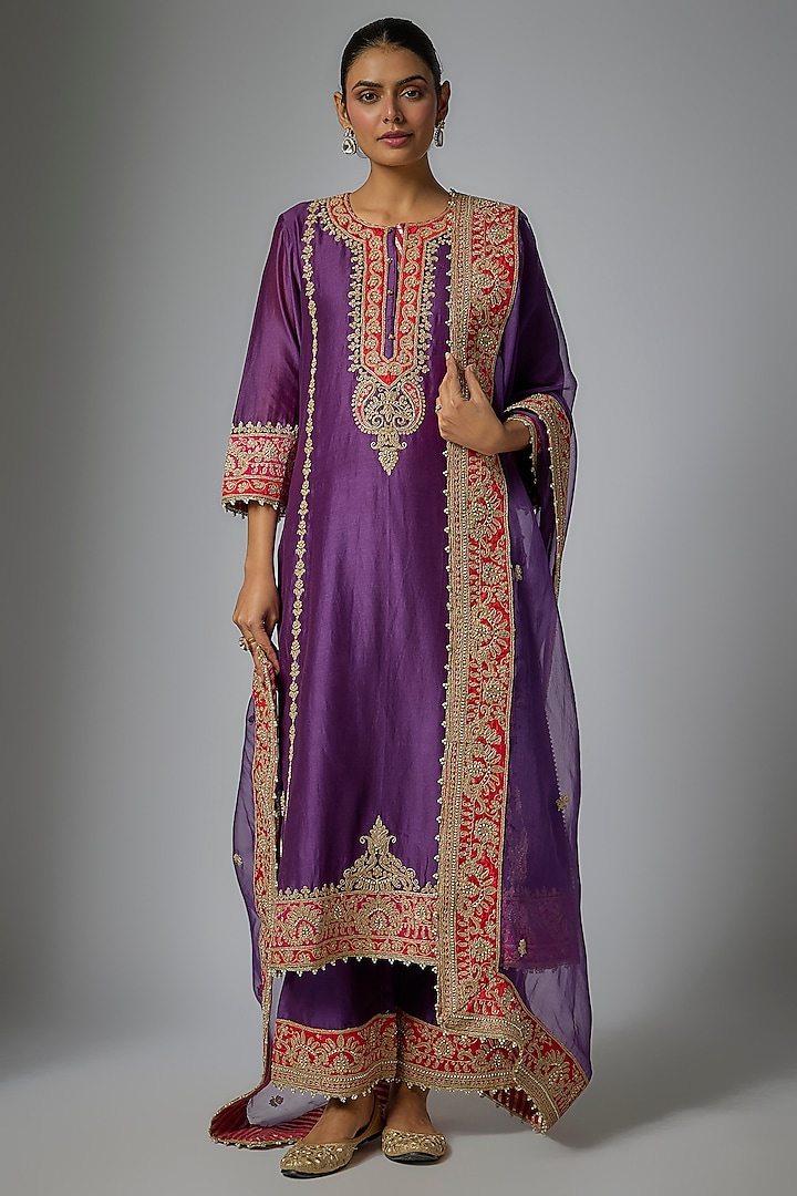 Deep Purple Pure Silk Chanderi Kiran Dori Embroidered Kurta Set by Sheetal Batra at Pernia's Pop Up Shop