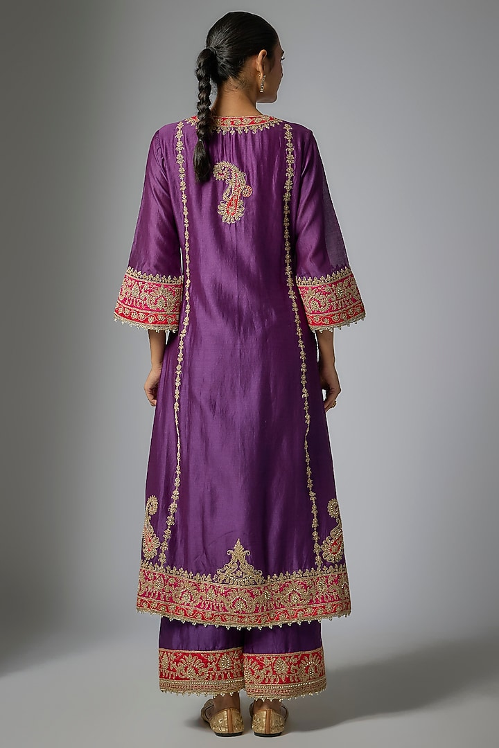 Deep Purple Pure Silk Chanderi Kiran Dori Embroidered Kurta Set by Sheetal Batra at Pernia's Pop Up Shop
