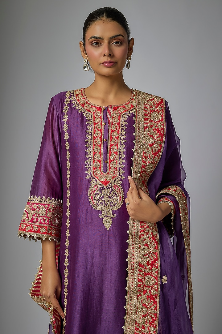 Deep Purple Pure Silk Chanderi Kiran Dori Embroidered Kurta Set by Sheetal Batra at Pernia's Pop Up Shop