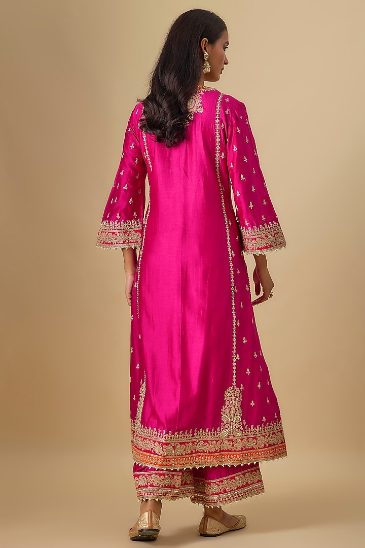 Hot Pink Silk Chanderi Sitara Embroidered Kurta Set by Sheetal Batra at Pernia's Pop Up Shop
