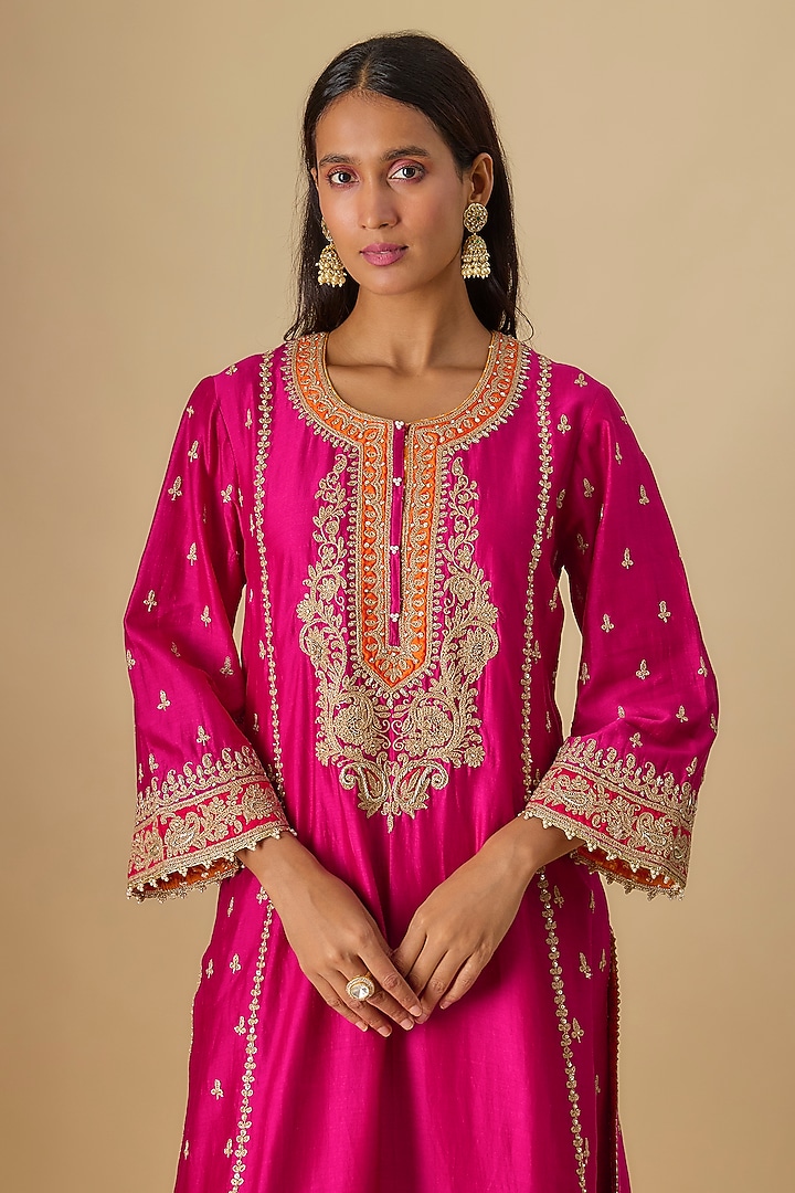 Hot Pink Silk Chanderi Sitara Embroidered Kurta Set by Sheetal Batra at Pernia's Pop Up Shop
