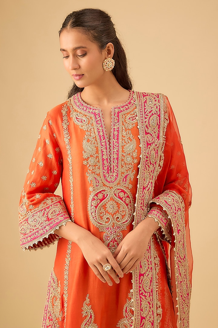Orange Pure Silk Chanderi Kiran Dori Embroidered Kurta Set by Sheetal Batra at Pernia's Pop Up Shop