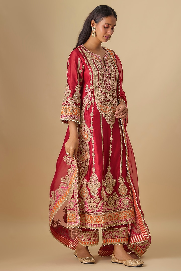 Deep Red Silk Chanderi A-Line Kurta Set by Sheetal Batra at Pernia's Pop Up Shop