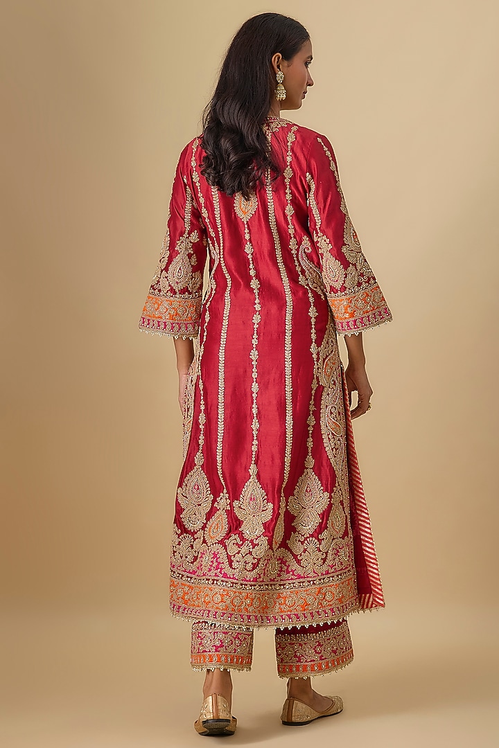 Deep Red Silk Chanderi A-Line Kurta Set by Sheetal Batra at Pernia's Pop Up Shop