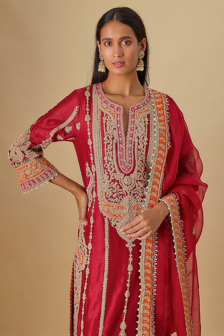 Deep Red Silk Chanderi A-Line Kurta Set by Sheetal Batra at Pernia's Pop Up Shop