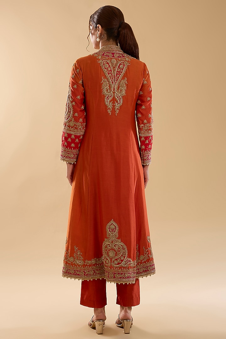 Burnt Orange Pure Silk Chanderi Kiran Dori Embroidered Kurta Set by Sheetal Batra at Pernia's Pop Up Shop