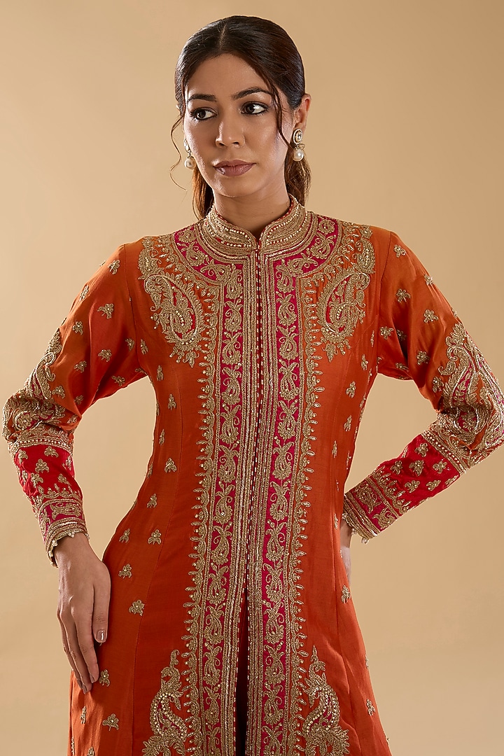 Burnt Orange Pure Silk Chanderi Kiran Dori Embroidered Kurta Set by Sheetal Batra at Pernia's Pop Up Shop