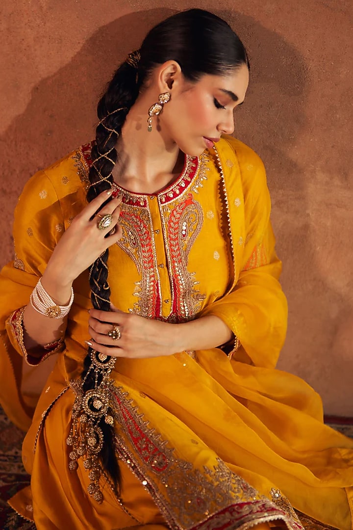 Mustard Silk ChanderI Banarasi Embroidered Kurta Set by Sheetal Batra at Pernia's Pop Up Shop