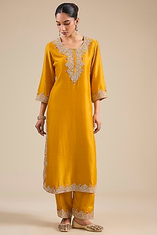 Mustard Silk Chanderi Kurta Set by Sheetal Batra