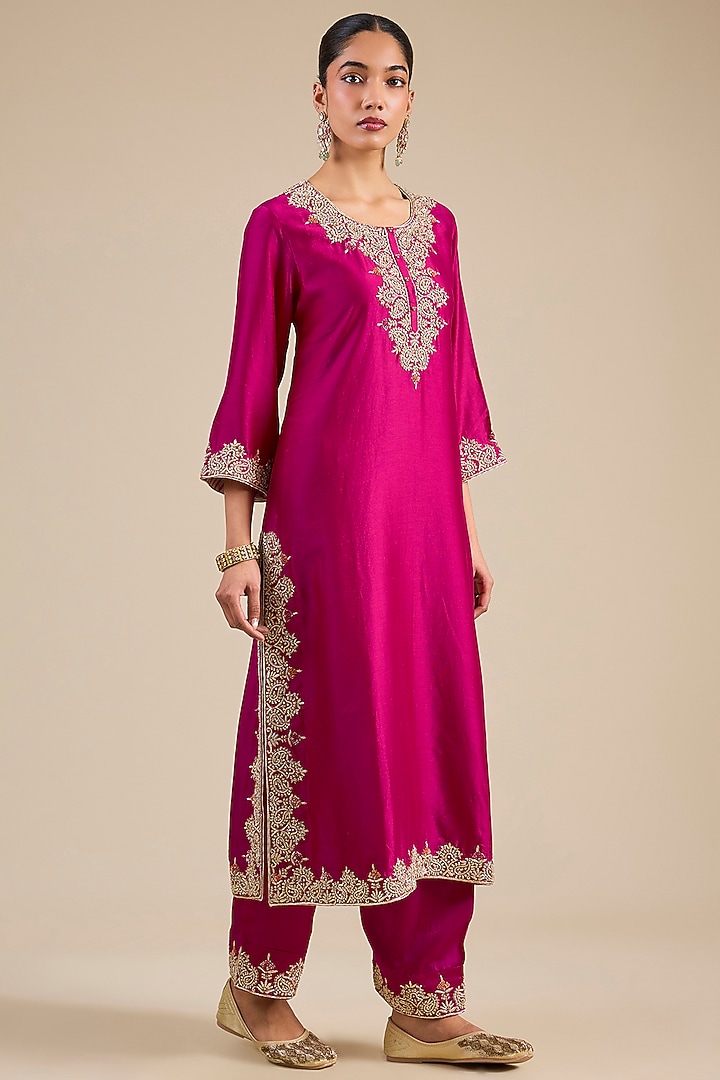 Hot Pink Silk Chanderi Kurta Set by Sheetal Batra at Pernia's Pop Up Shop