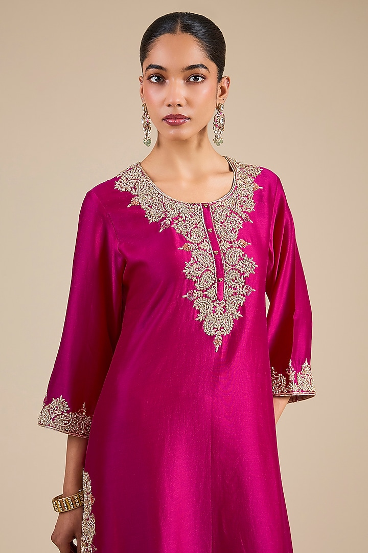 Hot Pink Silk Chanderi Kurta Set by Sheetal Batra at Pernia's Pop Up Shop