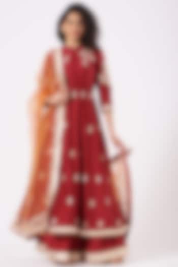 Blood-Red Embroidered Anarkali Set by Sheetal Batra