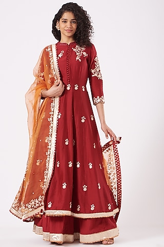 Blood-Red Embroidered Anarkali Set by Sheetal Batra