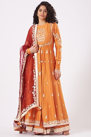 Orange Embroidered Anarkali Set by Sheetal Batra