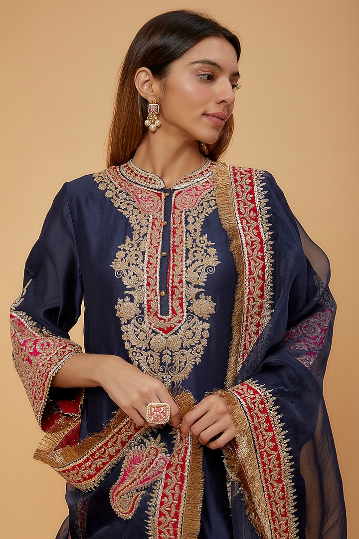 Blue Silk Chanderi & Bemberg Satin Embroidered Kurta Set by Sheetal Batra at Pernia's Pop Up Shop