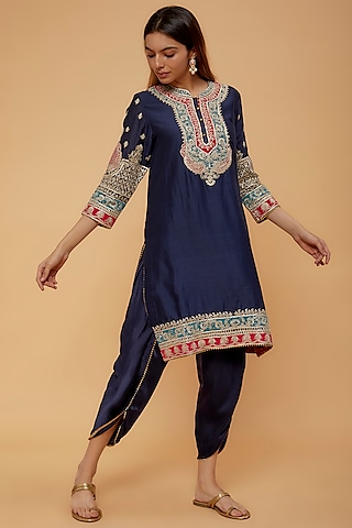 Blue Bemberg Satin Dhoti Set by Sheetal Batra