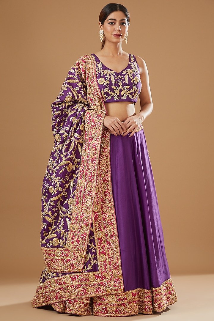Purple Pure Silk Embroidered Lehenga Set by Sheetal Batra