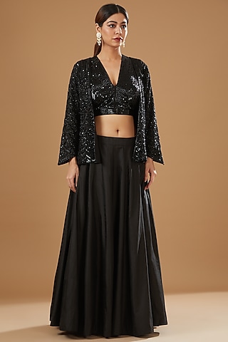 Black Organza Embroidered Jacket Lehenga Set by Sheetal Batra