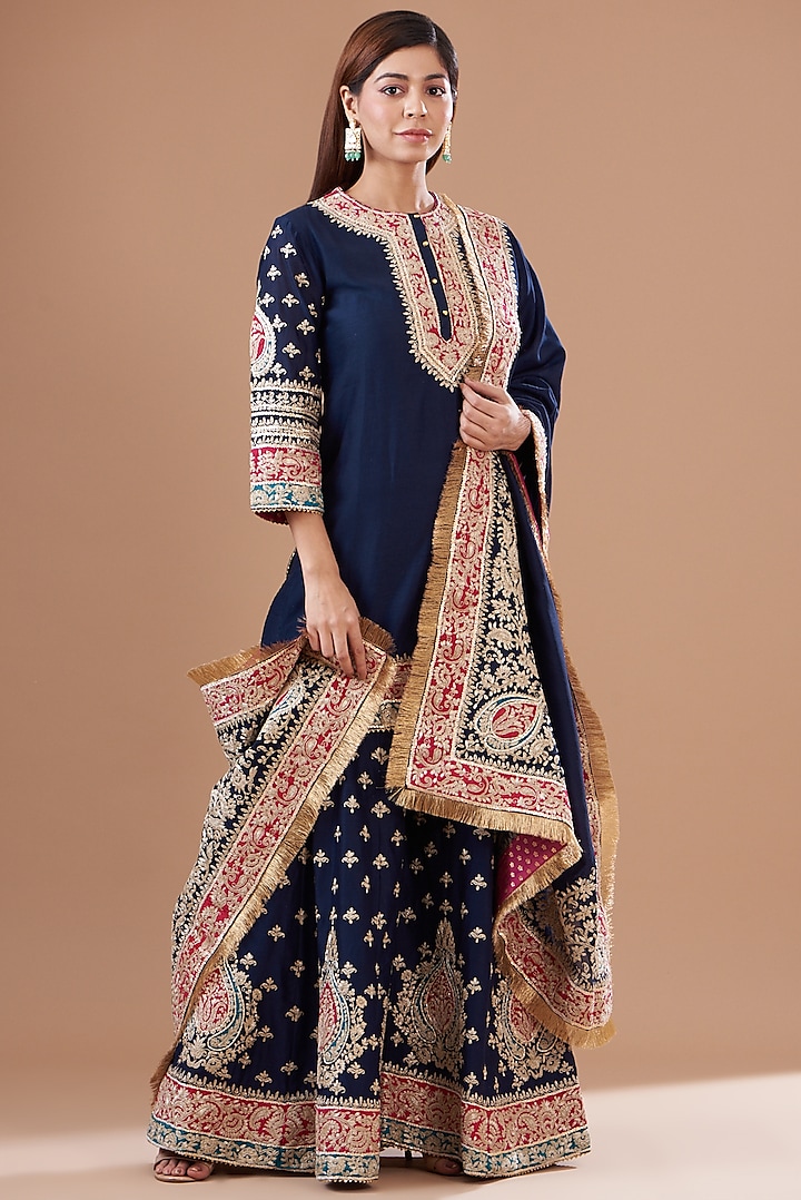 Blue Pure Silk Chanderi Embroidered Sharara Set by Sheetal Batra