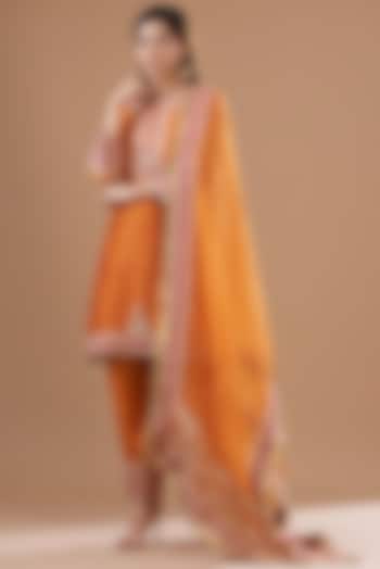 Orange Pure Silk Chanderi Embroidered Kurta Set by Sheetal Batra