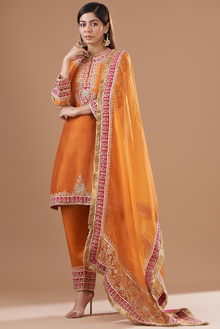 Orange Pure Silk Chanderi Embroidered Kurta Set by Sheetal Batra