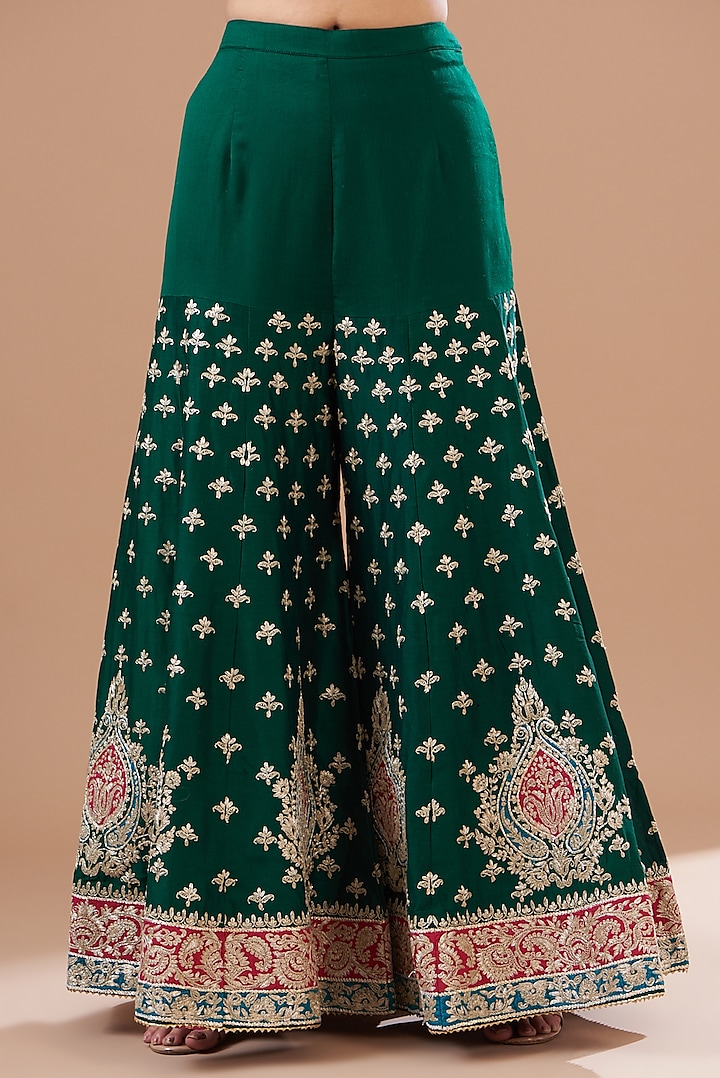 Green Pure Silk Chanderi Embroidered Wedding Sharara Set by Sheetal Batra at Pernia's Pop Up Shop