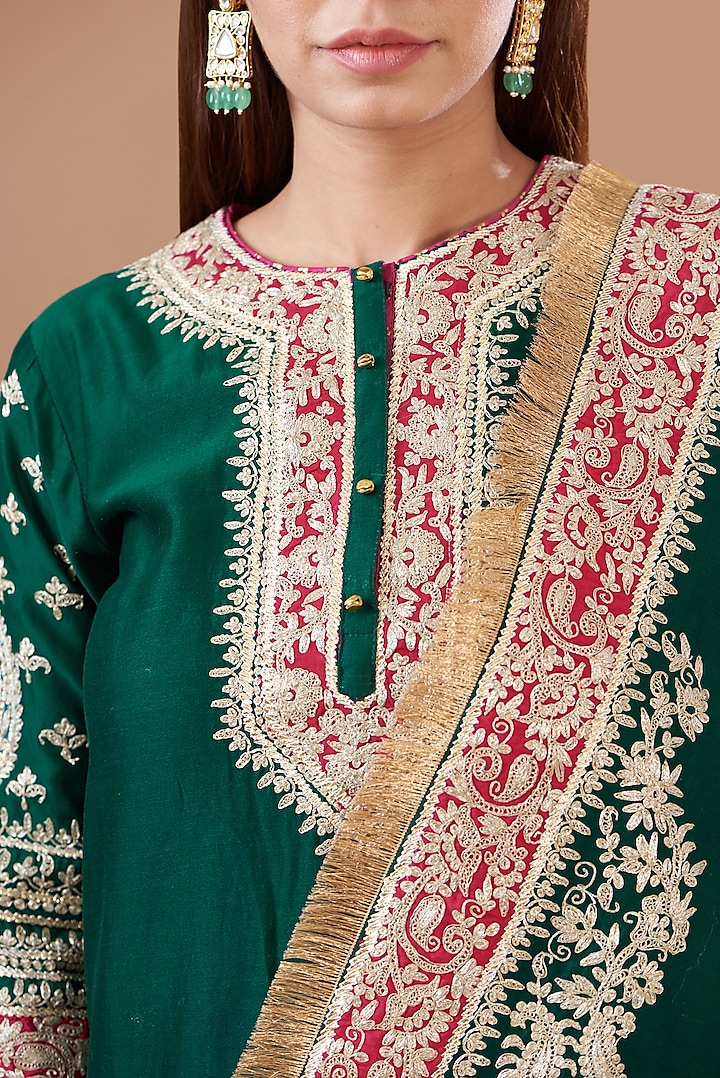 Green Pure Silk Chanderi Embroidered Wedding Sharara Set by Sheetal Batra at Pernia's Pop Up Shop