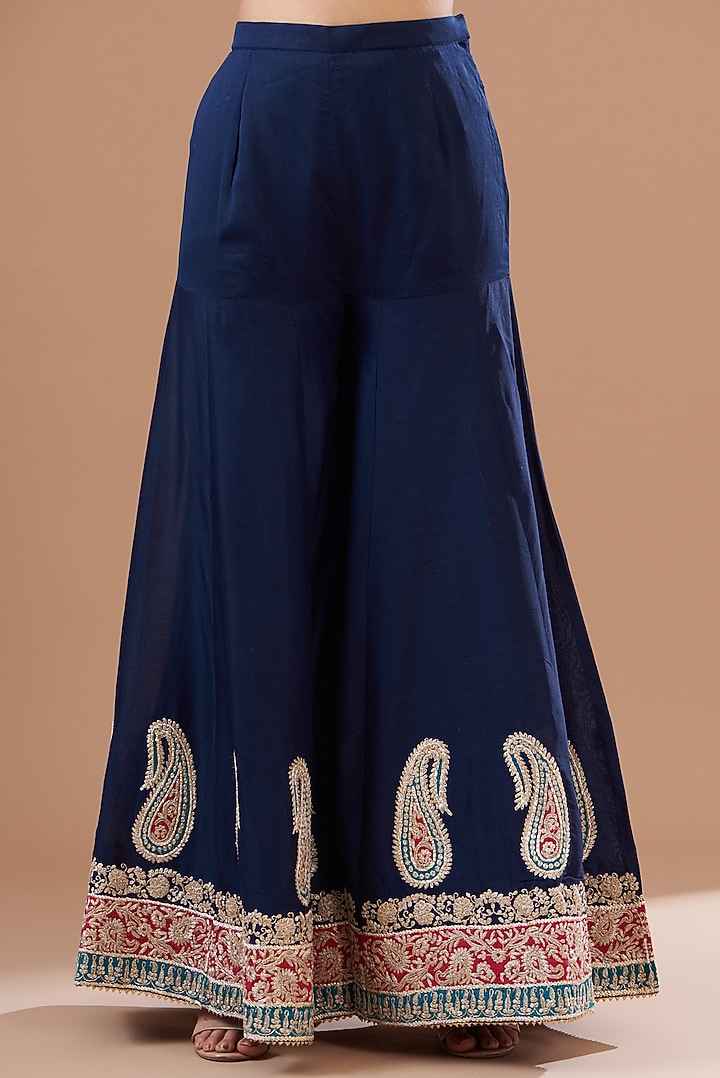 Blue Pure Silk Chanderi Embroidered Wedding Sharara Set by Sheetal Batra at Pernia's Pop Up Shop