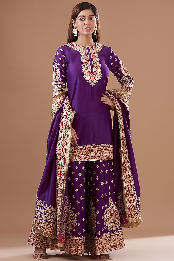 Purple Pure Silk Chanderi Embroidered Wedding Sharara Set by Sheetal Batra at Pernia's Pop Up Shop