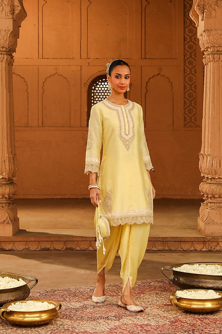 Lemon Yellow Satin Silk Dhoti Set by Sheetal Batra at Pernia's Pop Up Shop