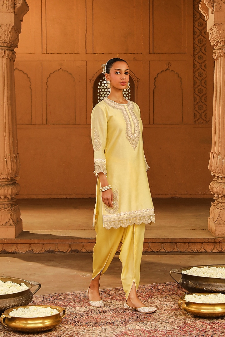 Lemon Yellow Satin Silk Dhoti Set by Sheetal Batra at Pernia's Pop Up Shop