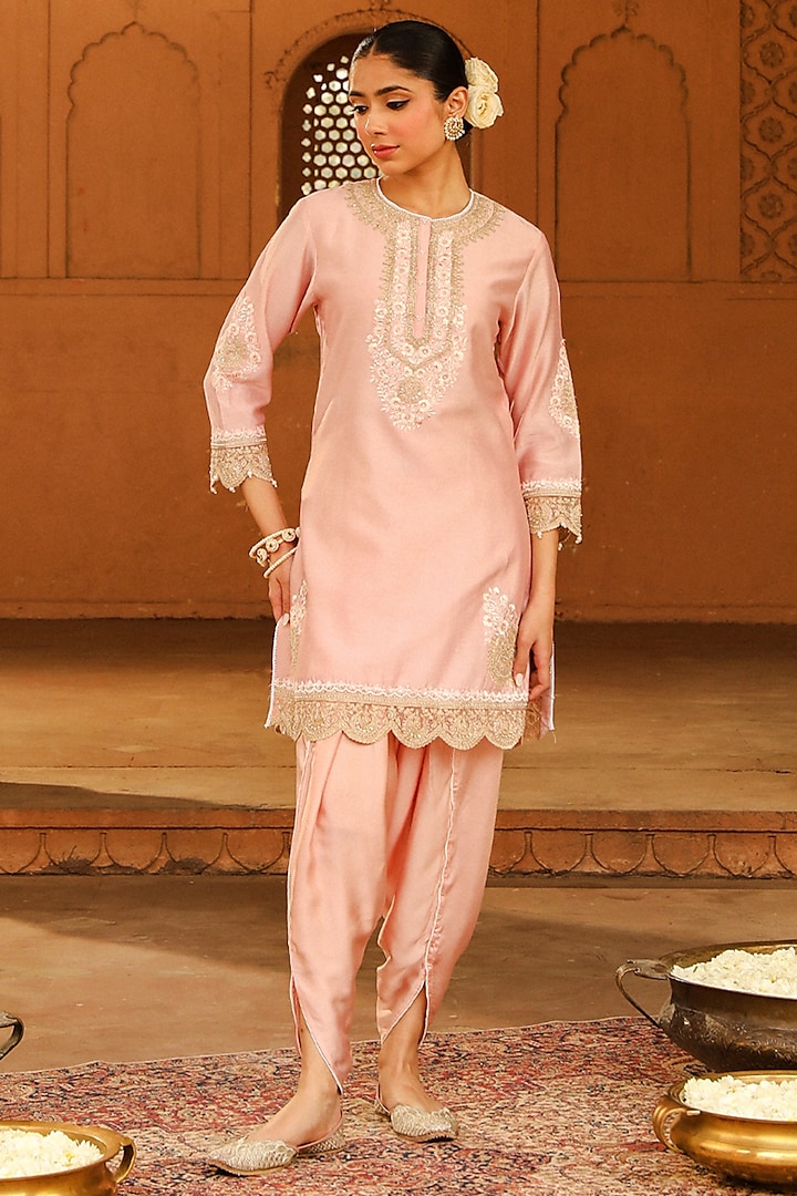 Blush Pink Satin Silk Dhoti Set by Sheetal Batra