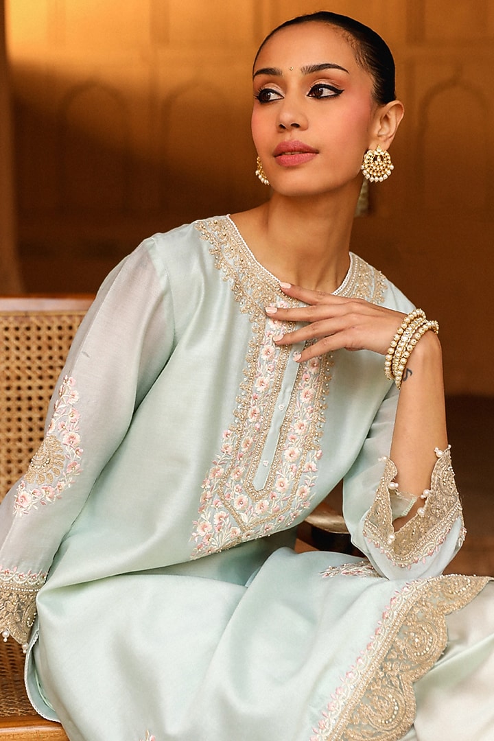 Misty Green Satin Silk Dhoti Set by Sheetal Batra at Pernia's Pop Up Shop