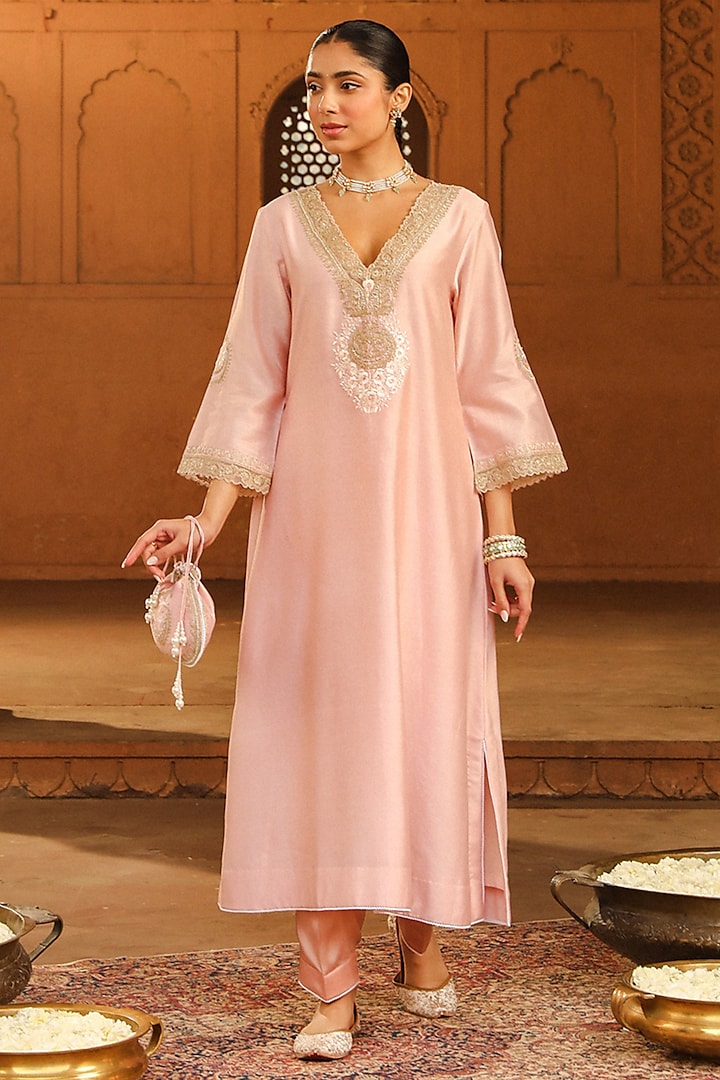 Blush Pink Pure Silk Chanderi Kashmiri Tilla Embroidered A-line Kurta Set by Sheetal Batra
