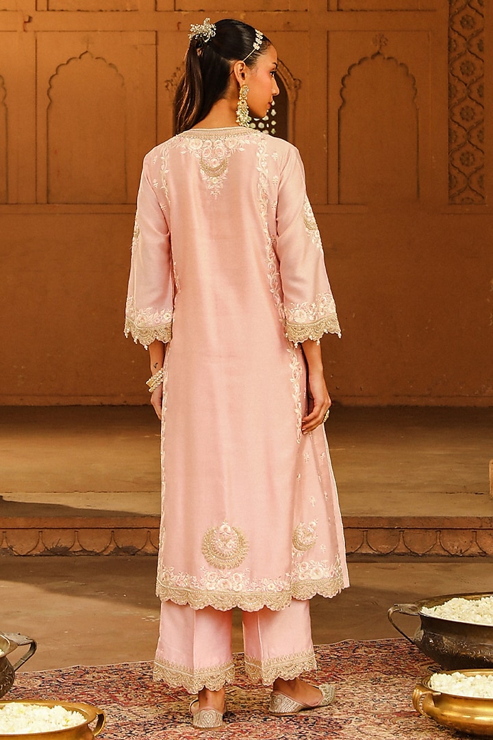 Blush Pink Silk Chanderi Kashmiri Tilla Embroidered A-line Kurta Set by Sheetal Batra at Pernia's Pop Up Shop