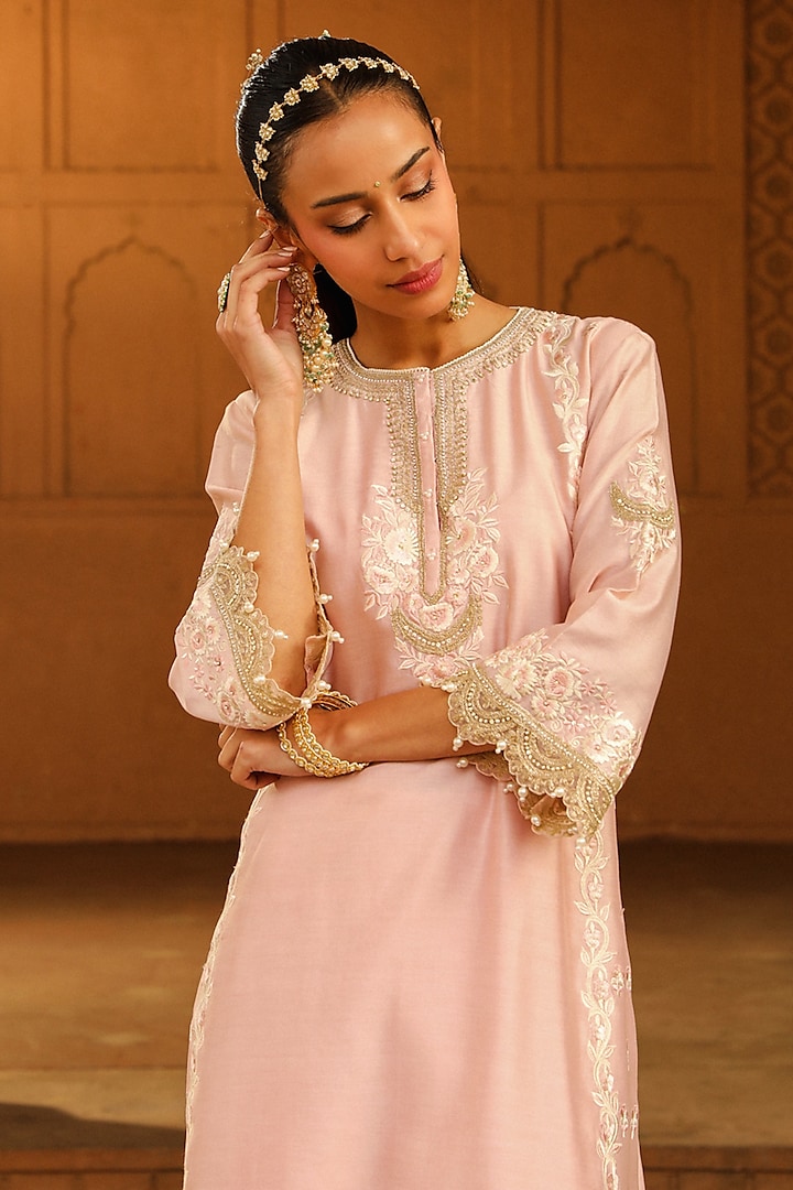 Blush Pink Silk Chanderi Kashmiri Tilla Embroidered A-line Kurta Set by Sheetal Batra at Pernia's Pop Up Shop