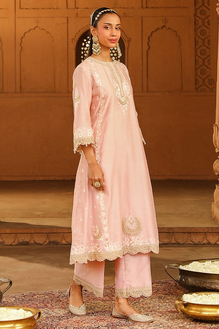 Blush Pink Silk Chanderi Kashmiri Tilla Embroidered A-line Kurta Set by Sheetal Batra at Pernia's Pop Up Shop