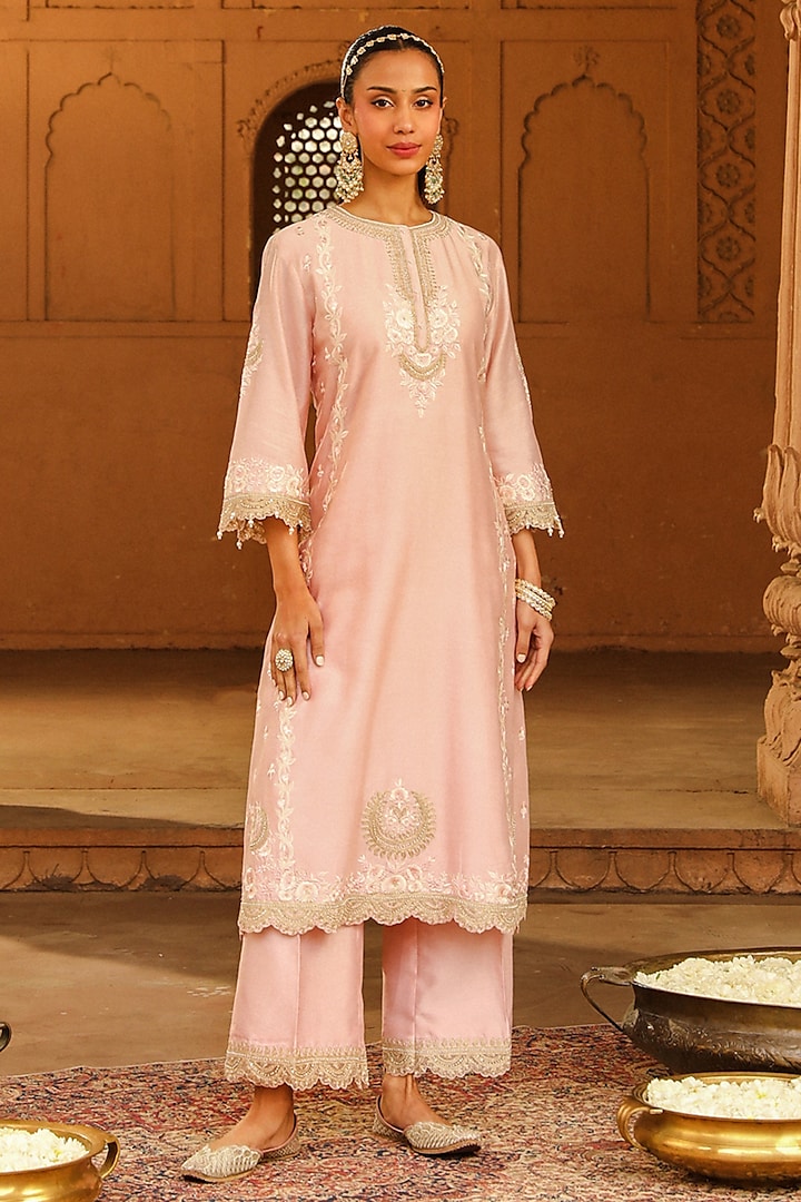 Blush Pink Silk Chanderi Kashmiri Tilla Embroidered A-line Kurta Set by Sheetal Batra at Pernia's Pop Up Shop