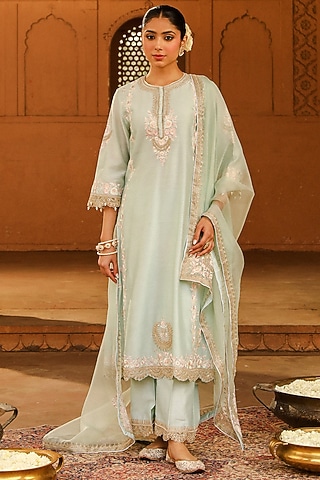Misty Green Silk Chanderi Kashmiri Tilla Embroidered A-Line Kurta Set by Sheetal Batra