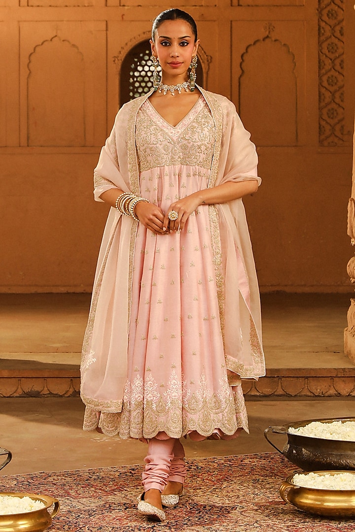 Blush Pink Pure Silk Chanderi Kashmiri Tilla Embroidered Kalidar Anarkali Set by Sheetal Batra