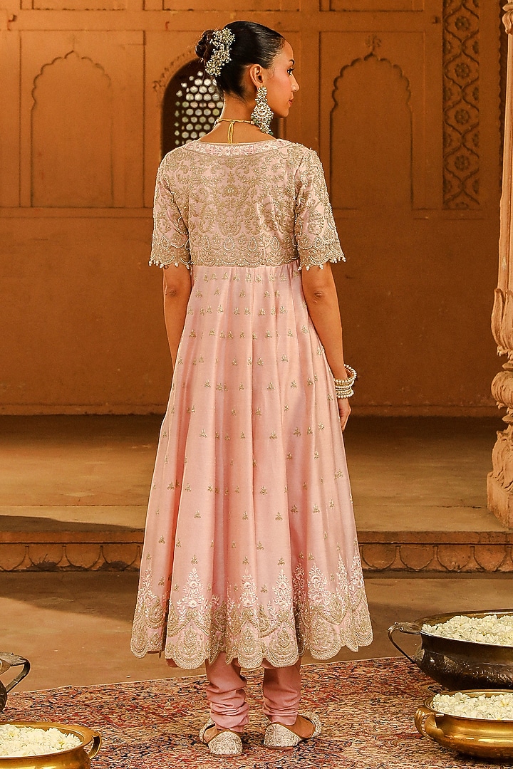 Blush Pink Pure Silk Chanderi Kashmiri Tilla Embroidered Kalidar Wedding Anarkali Set by Sheetal Batra at Pernia's Pop Up Shop