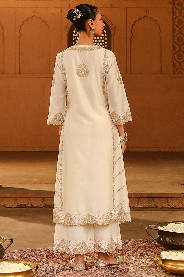Ivory Silk Chanderi Kashmiri Tilla Embroidered A-line Kurta Set by Sheetal Batra at Pernia's Pop Up Shop