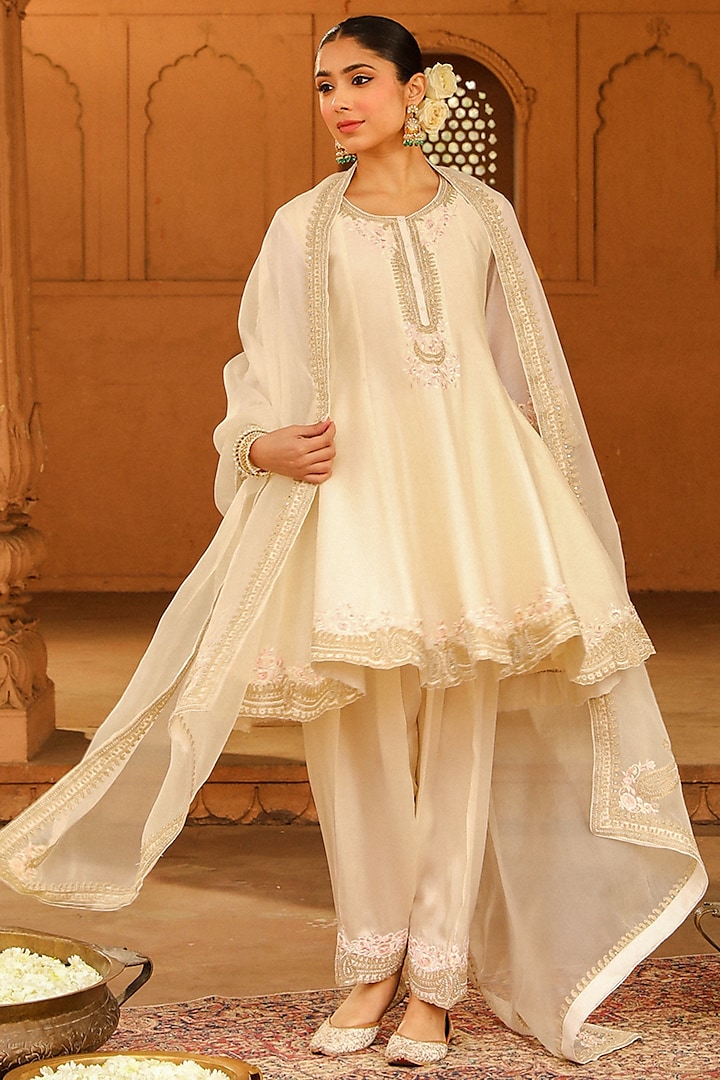 Beige Short Kalidar Choga with Salwar