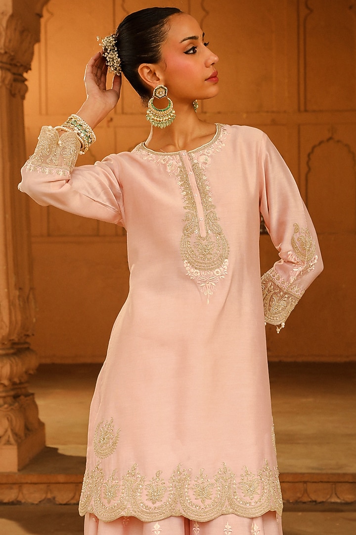 Blush Pink Pure Silk Chanderi Jaal Work Bridal Sharara Set by Sheetal Batra at Pernia's Pop Up Shop