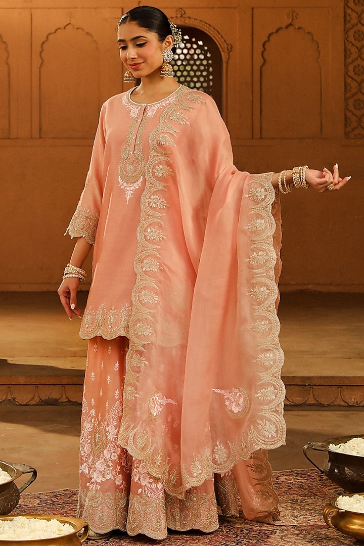 Off-Rose Pure Silk Chanderi Jaal Work Sharara Set by Sheetal Batra