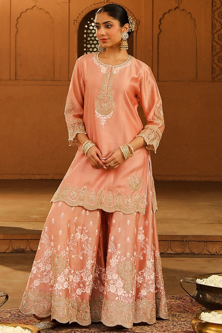 Off-Rose Pure Silk Chanderi Jaal Work Bridal Sharara Set by Sheetal Batra at Pernia's Pop Up Shop
